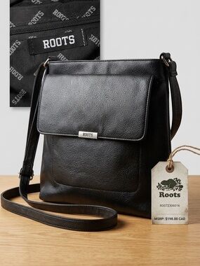 Roots Black Leather Messenger Crossbody Bag
